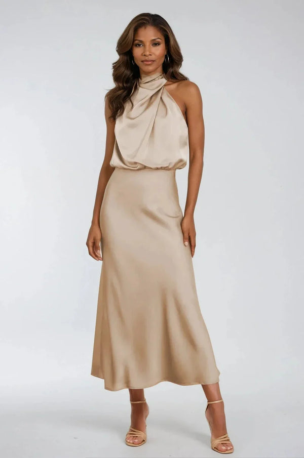 Elegant Satin Long Dress for Women with High Neck - Timeless Style by Lillian