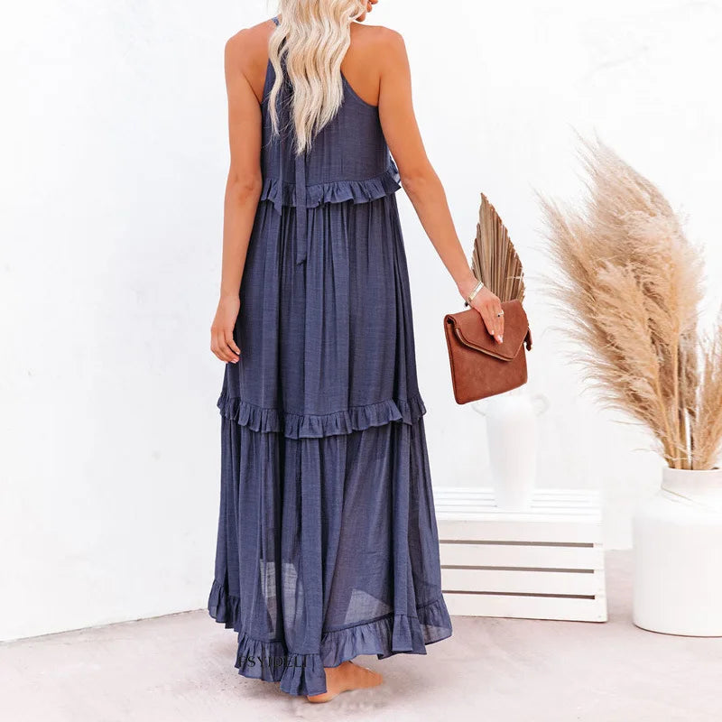 Lila - Stylish halter ruffle maxi dress with pockets for summer