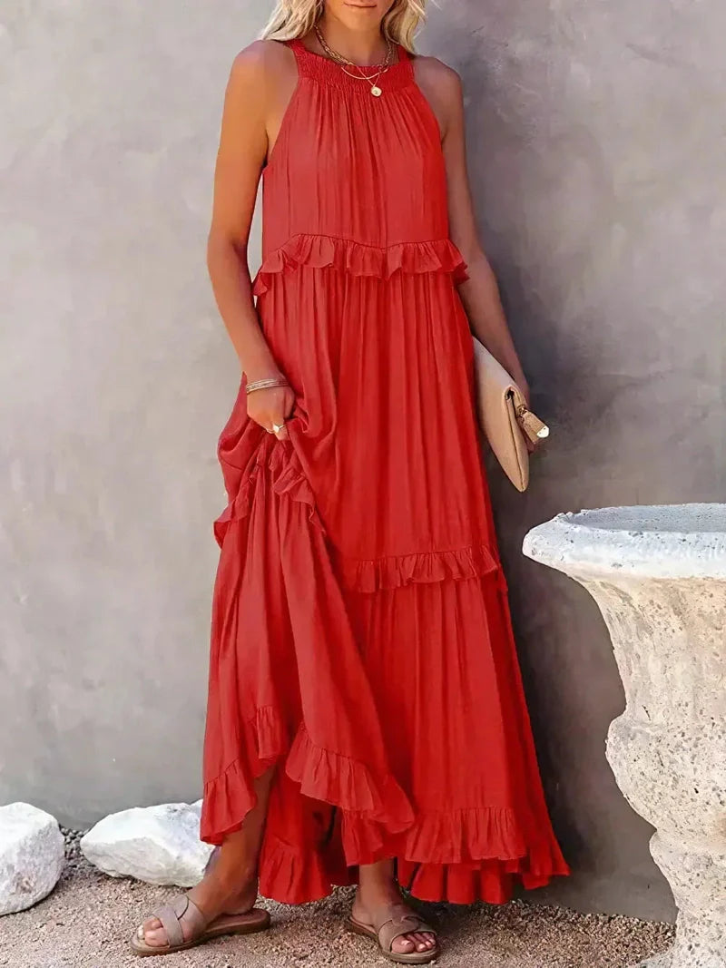 Lila - Stylish halter ruffle maxi dress with pockets for summer