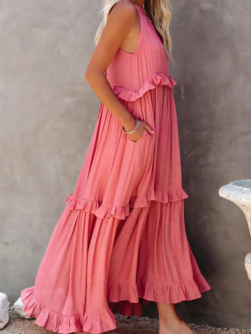 Lila - Stylish halter ruffle maxi dress with pockets for summer