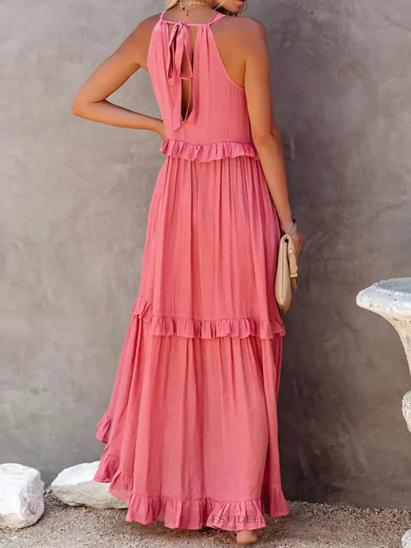 Lila - Stylish halter ruffle maxi dress with pockets for summer