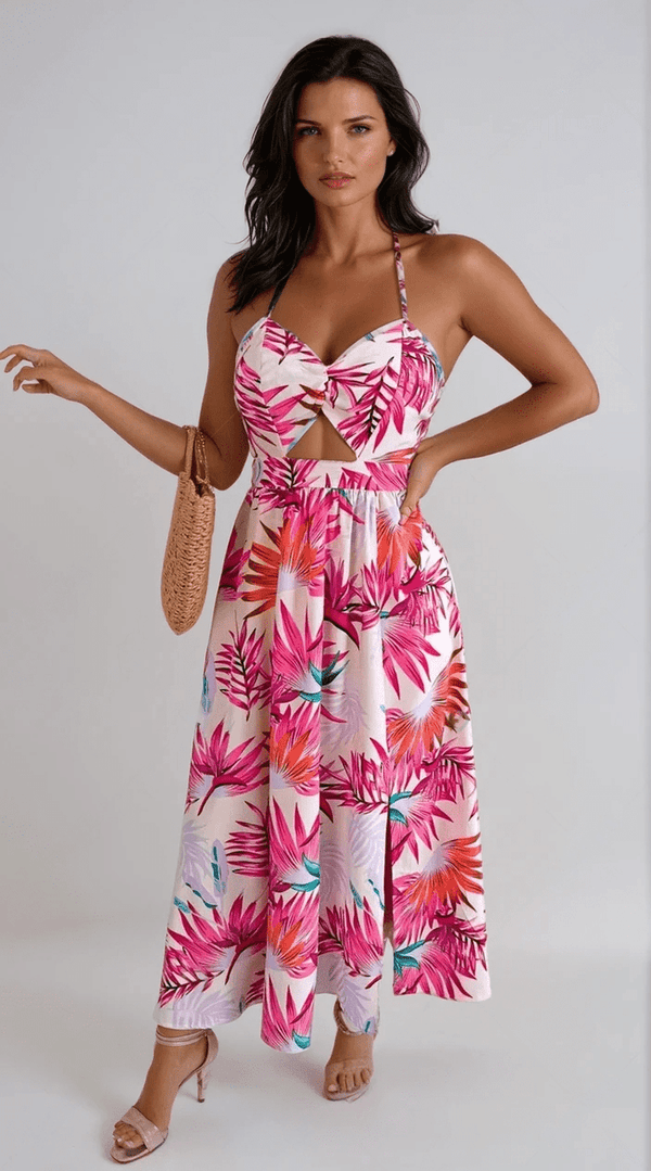 Liam - Chic backless floral dress with cutouts and thigh-high slit