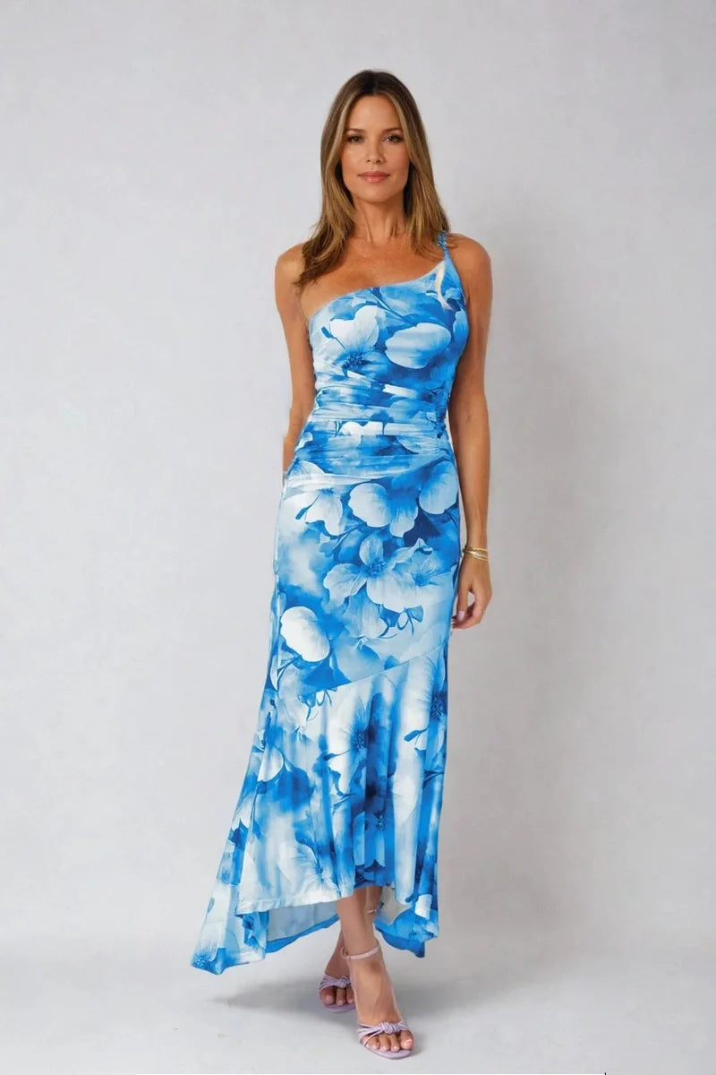 Madalyn - Stylish one-shoulder pleated summer dress with eye-catching print